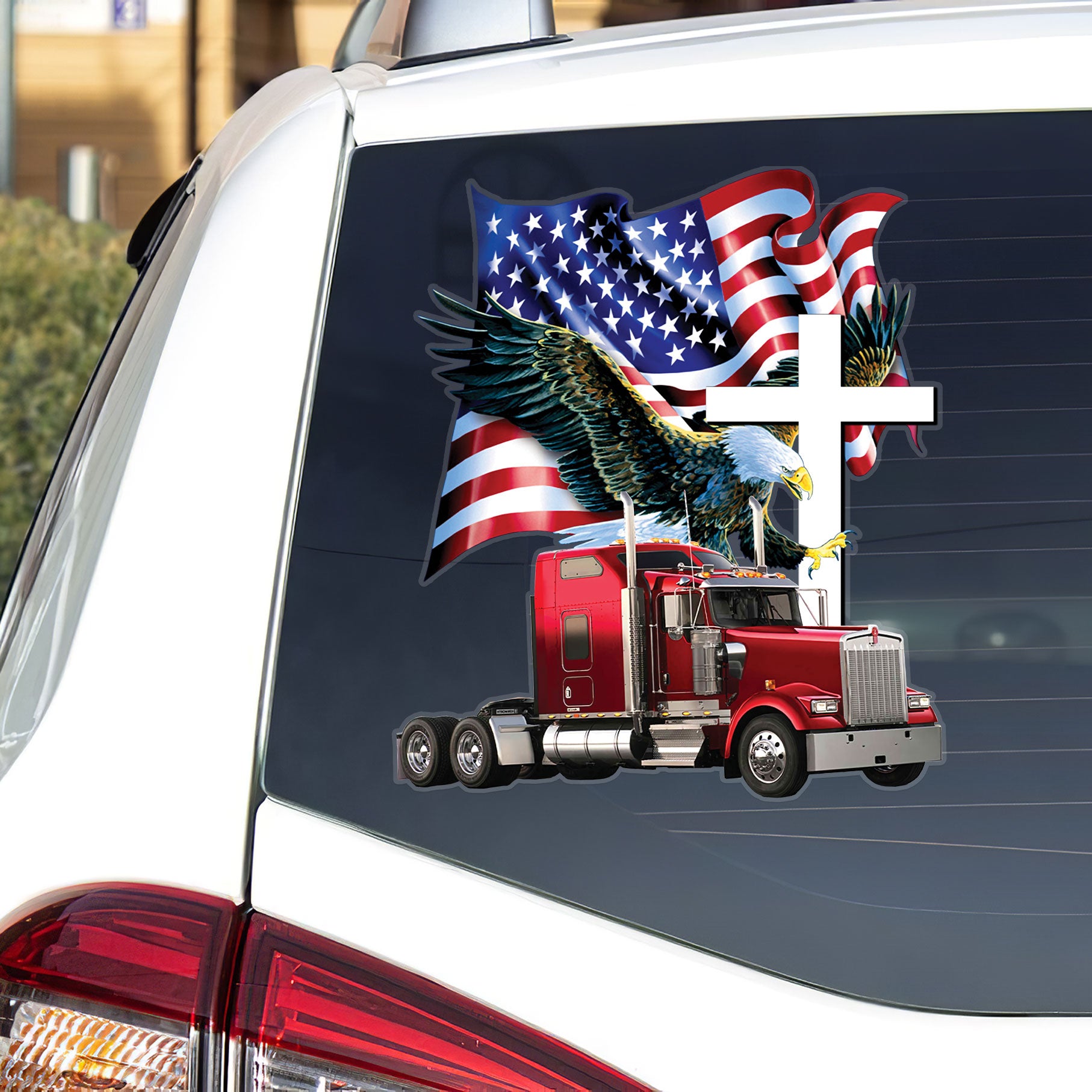 Red Semi Truck with Flag Vinyl Decal
