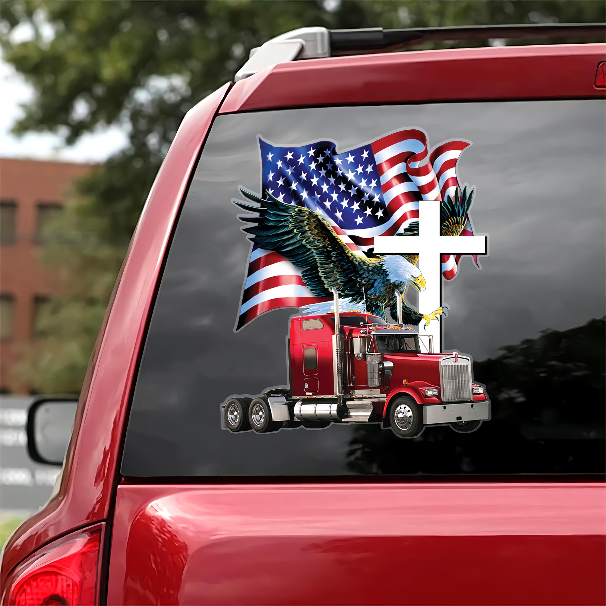Red Semi Truck with Flag Vinyl Decal