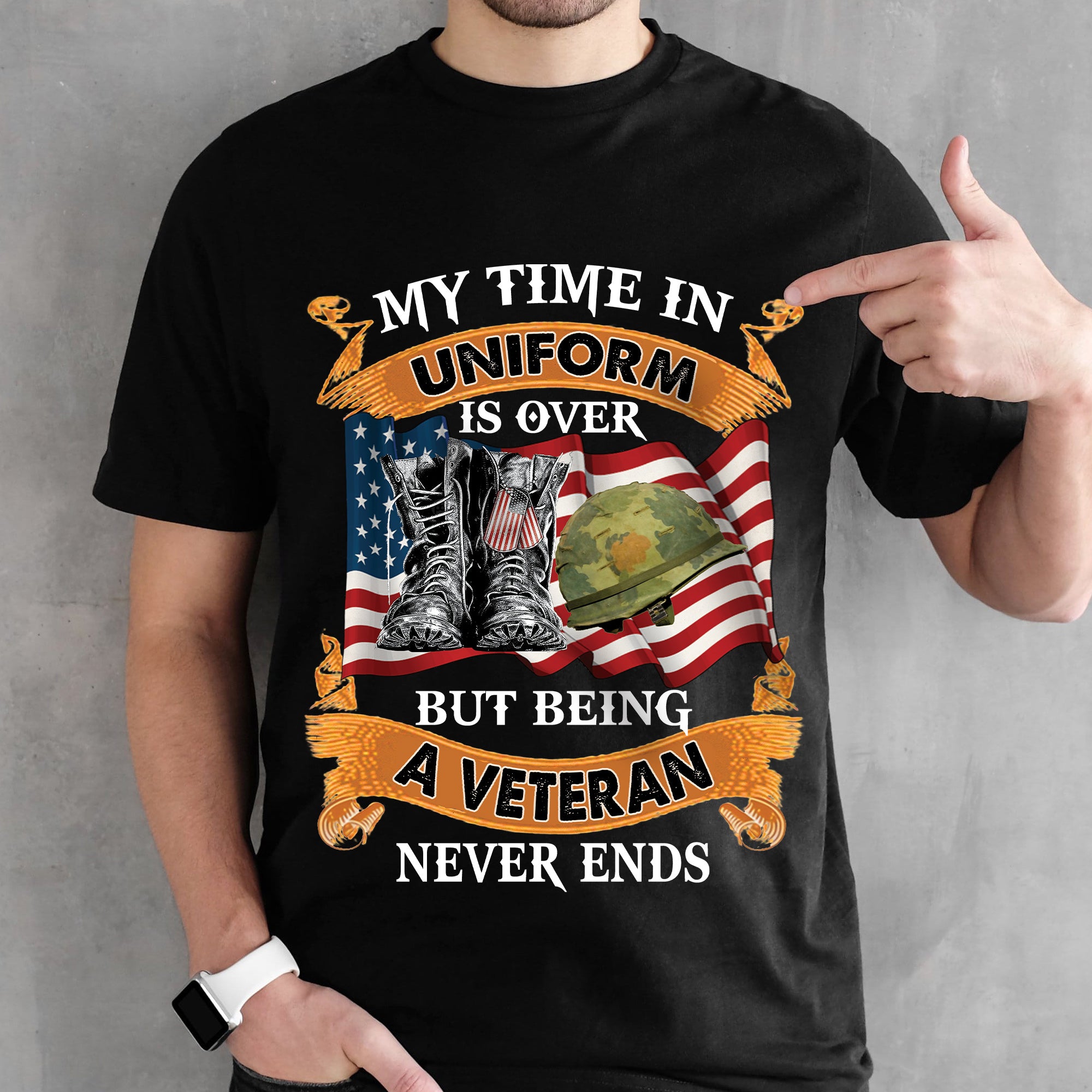 MY TIME IN UNIFORM IS OVER BUT BEING A VETERAN NEVER ENDS T-SHIRT